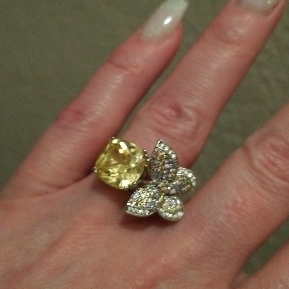 Sterling Silver Sz.7 Genuine Cushion Cut Citrine Gemstone Butterfly Ring
